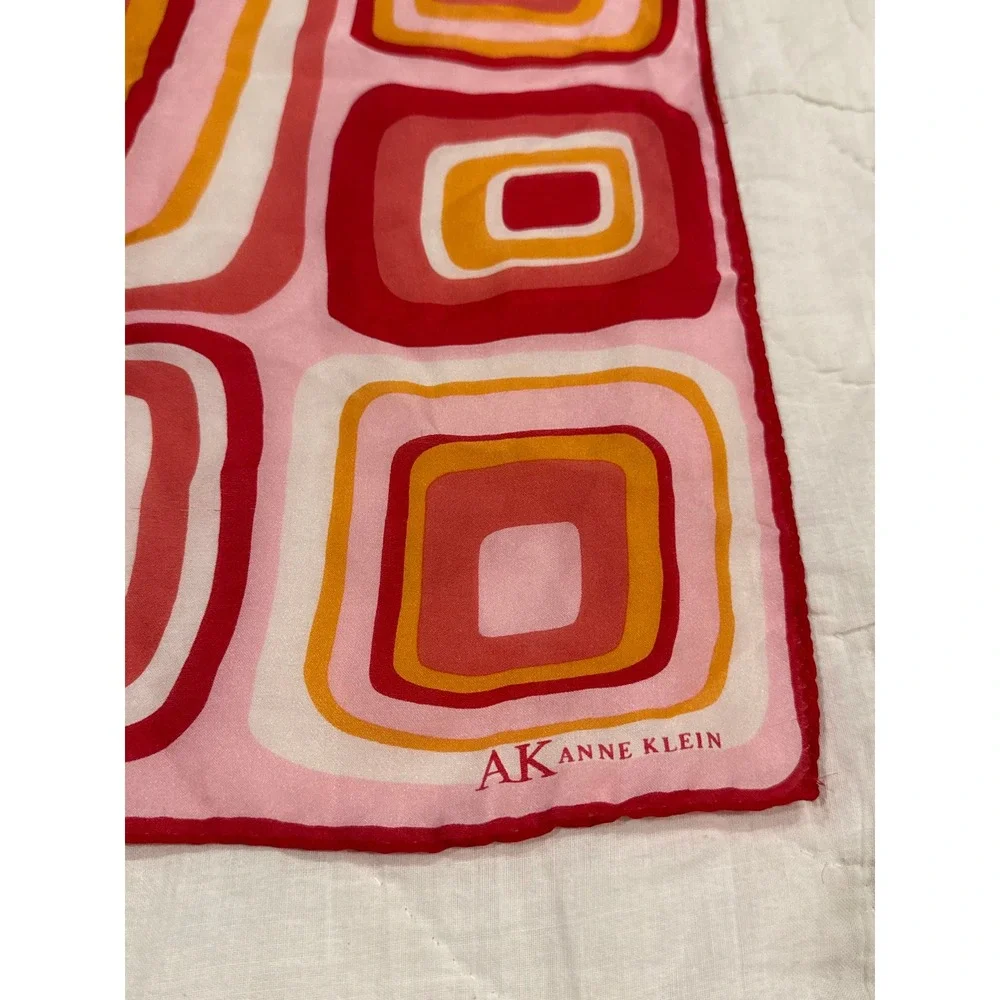 Anne Klein Silk Scarf Pink Red Orange Geometric Mod Square Print Vintage Style